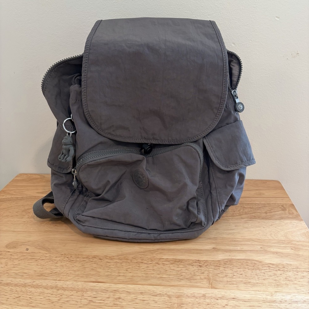 Kipling Backpack Gray Nylon Monkey Keychain Multi Pocket Casual Bag